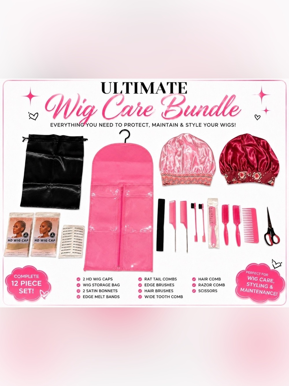 Ultimate Wig Care & Styling Bundle | 12-Piece Starter Kit | Wig Storage Bag